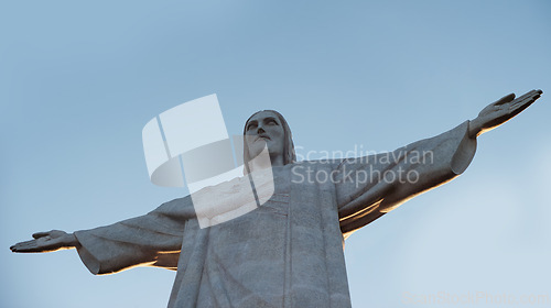 Image of Jesus christ, statue and sculpture for travel and christian faith for art or religion journey. Hands, history monument or peace symbol for tourism attraction and spiritual landmark in rio de janeiro