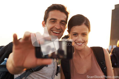 Image of Outdoor, selfie or happy couple hiking for travel for vacation memory, holiday or sightseeing in city. Photo, people and romantic man with a woman for adventure or tourism in Rio de Janeiro, Brazil