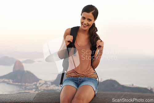 Image of Woman, view and portrait with backpack for travel or tour, adventure and vacation for sightseeing or explore in Rio de Janeiro. Female person, journey on holiday and happy for outdoor trip or nature.