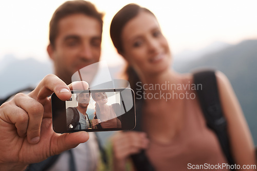 Image of Phone, selfie or happy couple on holiday for travel for memory, social media or sightseeing. Hiking picture, photo and man with a woman for outdoor adventure or tourism in Rio de Janeiro, Brazil