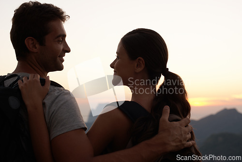 Image of Hiking, hug or happy couple on holiday at sunset with smile for vacation memory, support or sightseeing. Love, tourism or romantic man with a woman for adventure or travel in Rio de Janeiro, Brazil