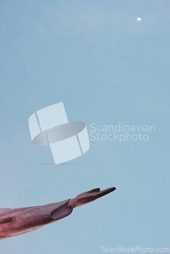 Image of Jesus christ, hand and statue for religious faith, sculpture and art in rio de janeiro. Symbol, peace and history monument for tourism attraction, spiritual and christian journey on blue background