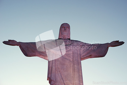 Image of God, Jesus or sky with statue sculpture for travel or christian faith for tourism or heritage site. Background, history monument or Christ the redeemer for religion symbol in Rio de Janeiro, Brazil