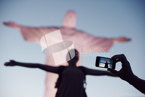 Image of Jesus, woman or photo of tourist, statue or sculpture for travel, christian faith or holiday. Christ the redeemer, picture or monument for tourism, God or religion symbol in Rio de Janeiro, Brazil