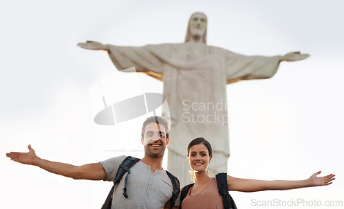 Image of Travel, portrait or happy couple on holiday with statue for vacation memory, hiking or sightseeing in city. Christ the Redeemer, tourism or man with a woman for adventure in Rio de Janeiro, Brazil