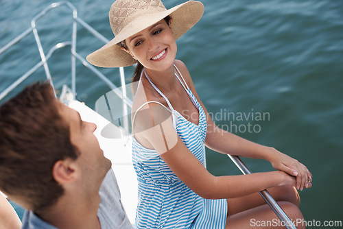 Image of Happy couple, boat and cruise for honeymoon, smile and vacation for international travel. Ocean, yacht and luxury on the water transportation, holiday and married people in Bora Bora for tourism