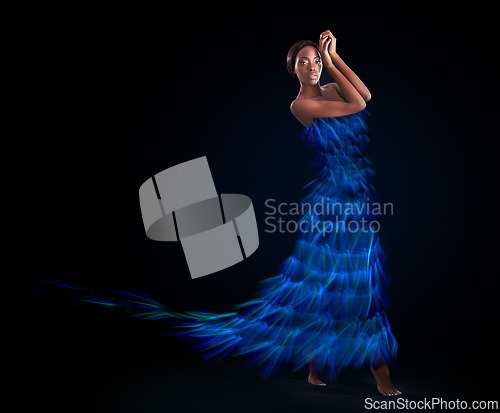 Image of Portrait, dress and art of dance with black woman in studio on dark background for performance. Creative, dancer or movement with confident young person moving in rhythm for concert and neon abstract