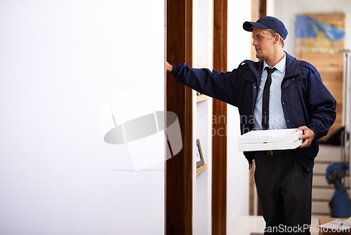 Image of Pizza, delivery and man at front door to home of customer, giving a box and easy service. Ecommerce, courier and person with takeaway, order and fast supply chain or transport of package to house