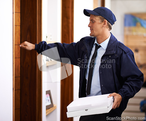 Image of Delivery, man and pizza at front door to home of customer, giving a box and easy service. Ecommerce, courier and person with fast food, takeaway and transport in supply chain of package to house