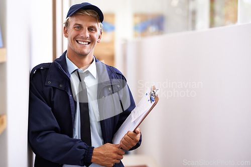 Image of Delivery, checklist and portrait of man with clipboard for inventory, logistics and supply chain information. Happy, courier and person with survey of shipping, distribution or ecommerce compliance