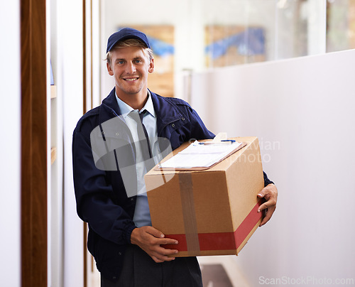 Image of Delivery, checklist and portrait of man with box from inventory, logistics and supply chain with information. Happy, courier and person with clipboard survey of shipping, distribution or ecommerce