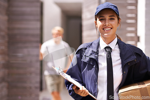 Image of Courier woman, box and clipboard in portrait at house for customer with smile for shipping in neighborhood. Girl, delivery and employee in supply chain, logistics and checklist for cardboard package