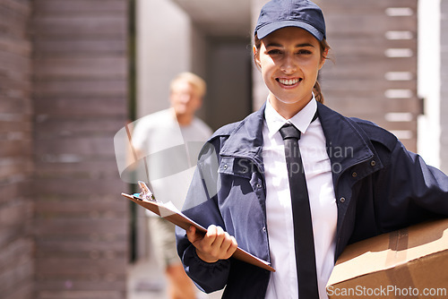 Image of Courier woman, box and outdoor in portrait at house for customer with smile for shipping in neighborhood. Girl, delivery and employee in supply chain, logistics and clipboard for cardboard package