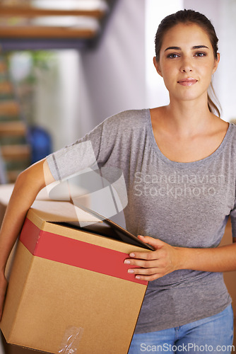 Image of Woman, home and confident with box for moving in new house for ownership, property and pack furniture. Apartment, female person and satisfied with real estate, investment and future for growth.