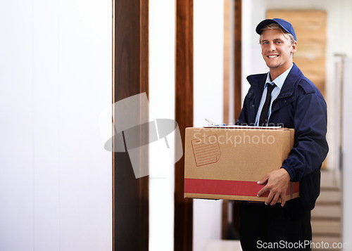 Image of Delivery, man and portrait with box at front door of house for distribution of online shopping package. Happy, courier and person in supply chain with transport of ecommerce, product and stock