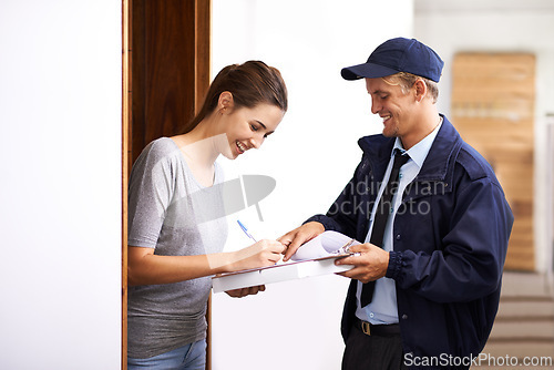 Image of Delivery, courier and woman in home sign documents, forms and application for package, parcel and box. Online shopping, ecommerce and people with paperwork for shipping, supply chain and distribution