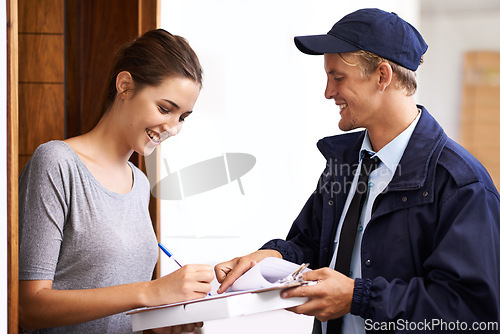 Image of Delivery, online shopping and woman sign documents, forms and application for package, parcel and box. Courier, ecommerce and people with paperwork for shipping, supply chain and distribution in home