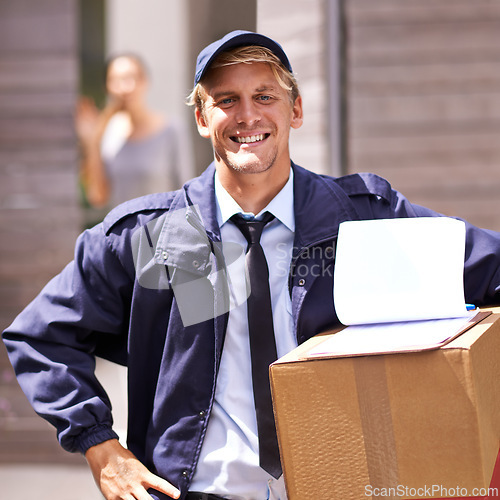 Image of Delivery, man and portrait with checklist on box for inventory, logistics and information on supply chain. Happy, courier and person with clipboard survey of shipping, distribution or ecommerce