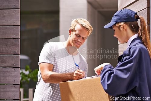 Image of Delivery, package and man sign documents, forms and application for receipt, parcel and box. Online shopping, ecommerce customer and courier woman for shipping, supply chain and distribution in home