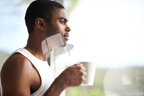 Image of Black man, window and thinking with coffee for morning, start or ambition in dream or vision at home. Face of African male person in wonder or thought with mug or cup of tea for breakfast on mockup