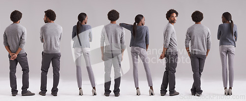 Image of Man, woman and collage in studio fashion, trendy or edgy and cool or stylish outfits with pride. Black people, guy and female person on gray background for montage, unity and rearview confidence