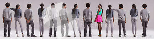 Image of Portrait, collage or smile of black woman in studio with man isolated on a gray background. Fashion, montage or group of people with African couple in casual clothes, color or standing out with clone