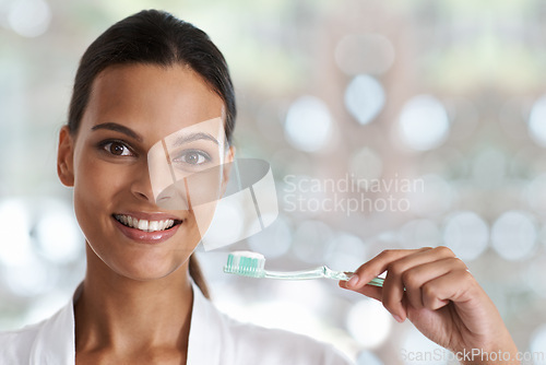 Image of Woman, teeth and smile with toothbrush, self care and portrait for health in bathroom. Person, cleaning and healthcare for dental, oral hygiene or routine at home with dentistry and whitening