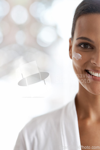 Image of Skincare, portrait and closeup of woman with cream for beauty, wellness or dermatology in morning. Moisturizer, bokeh and face of person for healthy skin, facial treatment and cosmetics in home.