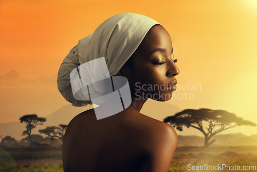 Image of Beauty, culture and natural black woman in Africa at sunset with turban for cosmetics or wellness. Skincare, heritage and tradition with confident young model outdoor in nature for dermatology