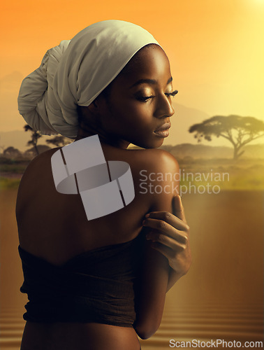 Image of Beauty, culture and self care with black woman in Africa at sunset with turban for cosmetics or wellness. Skincare, heritage and tradition with natural young model outdoor in nature for dermatology
