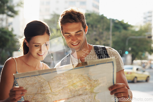 Image of Couple, travel or map for tourist destination with direction, tour route and happiness on holiday or vacation in Brazil. Face, man and woman with smile in city street for explore, tourism and journey