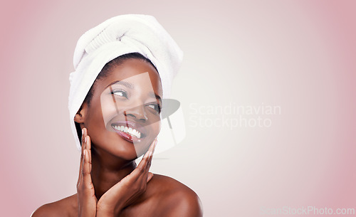 Image of African woman, skin care and natural for beauty, studio and wellness in fresh look with smile and face touch. Black female person, cosmetic, and happy for anti age, nude and natural confidence