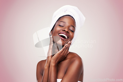 Image of Black woman, skin care and natural for confidence, studio and wellness in fresh look with smile and face touch. African female person, cosmetic, and beautiful for anti age, body and happy beauty