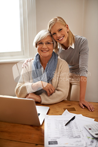 Image of Senior woman, daughter and portrait with laptop and notes for budget and bookkeeping in retirement. Elderly person, lady and smile with technology for spending and planning together with touch