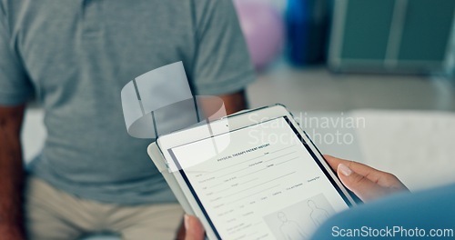 Image of Physiotherapy, consulting or screen of a tablet for help, history information or retirement healthcare. Rehabilitation, medical survey and caregiver speaking to a physiotherapist with tech for update