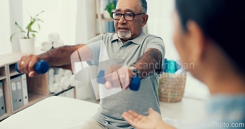 Image of Senior care, exercise and physiotherapist with old man, dumbbell and healthcare at nursing home. Physio, rehabilitation and retirement, fitness coach caregiver and elderly patient mobility training