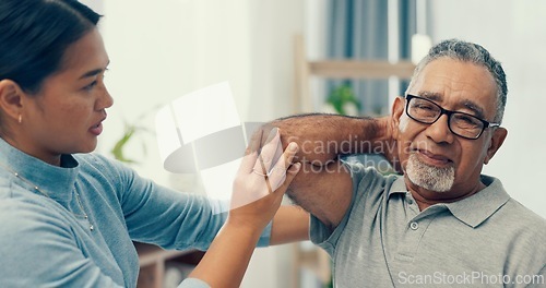 Image of Senior patient, physiotherapy and stretching muscle for workout support, fitness and physical therapy in clinic. Medical nurse, doctor or physiotherapist helping an elderly man with elbow healthcare