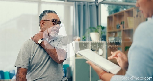 Image of Tablet physiotherapy and senior patient for consultation with shoulder pain, injury and assessment in office. Doctor, physiotherapist and elderly man with muscle help, service and digital technology