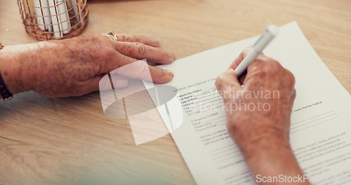 Image of Hands, medical or person with contract to sign on application or documents for life insurance. Pov closeup, survey questions or pen writing for compliance, form consent or healthcare agreement info