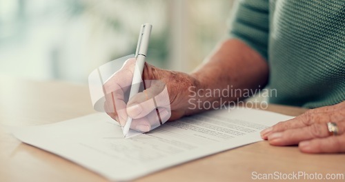 Image of Hands, paper or person with contract to sign on application or documents for will, life insurance or divorce info. Writing, closeup or pen with signature for compliance, form or title deed agreement