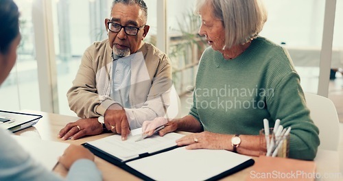 Image of Conversation, lawyer or old couple with will, contract or document for retirement funding or life insurance. Plan, advisor or married elderly clients with legal form or title deed agreement with help