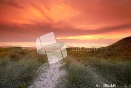 Image of Sunset, grass and pathway to ocean or beach, nature and sand in road. Sea, landscape and environment for walking in summer evening, travel and destination for relax or peace with scenery sky