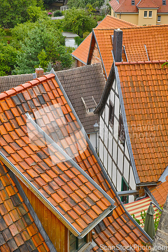 Image of Rooftop, houses and architecture of property outdoor in the countryside for travel in New Zealand. Roof, exterior and homes at a village, real estate and vintage building by neighborhood with trees