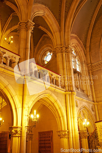 Image of Interior, cathedral and church building for worship, religion or spiritual christianity in Denmark. Medieval, architecture and location for protestant faith at historical temple of God with lights