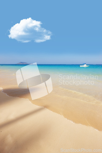 Image of Sea, boat and blue sky for holiday, sand and rocks in Hawaii for peace and tranquility. Seaside, waves and summer for vacation, location and beach for clear water on travel and tropical trip by ocean