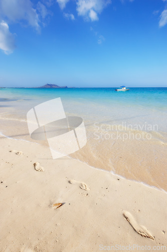 Image of Ocean, Bali and blue sky for holiday, sand and rocks in shore for peace and tranquility. Seaside, waves and summer for vacation, location and beach for clear water on travel and tropical trip