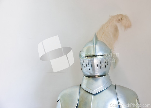 Image of Knight, medieval suit and armor with mockup space of soldier, statue or honor on a gray studio background. Helmet, gear or equipment for battle, war or security in justice, shining silver or visor