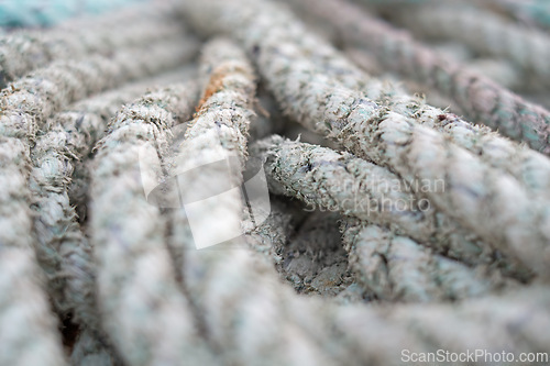 Image of Macro, boat rope and textile with texture, nautical equipment for navigation and rigging with bundle of material. Weave, grunge or distressed cable for fishing or sailing, wool and pattern with gear