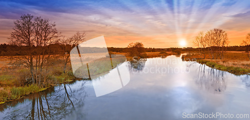 Image of River, farm and sunset or nature landscape in summer environment in England countryside, travel or horizon. Water, agriculture and panorama of filed meadow or clean energy or dusk sky, growth or lawn