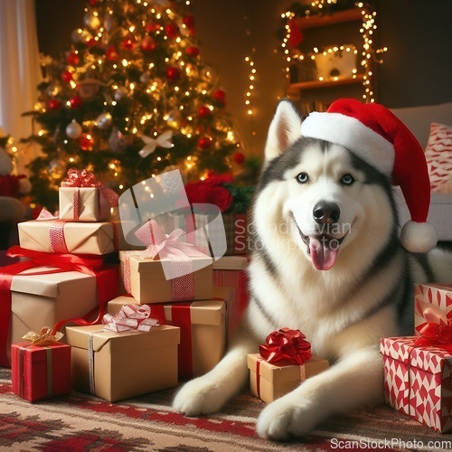 Image of husky dog wearing santa hat